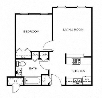 Floor plan for 1 bed, 1 bath, 714 sqft